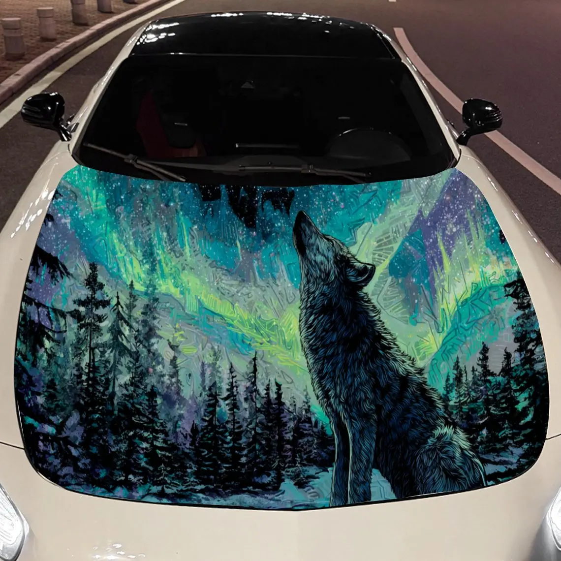 Aurora Forest Wolf Car Hood Vinyl Stickers Car Surface Protection Decal Car Decoration Cover Vinyl Wraps Waterproof Self-adhesiv