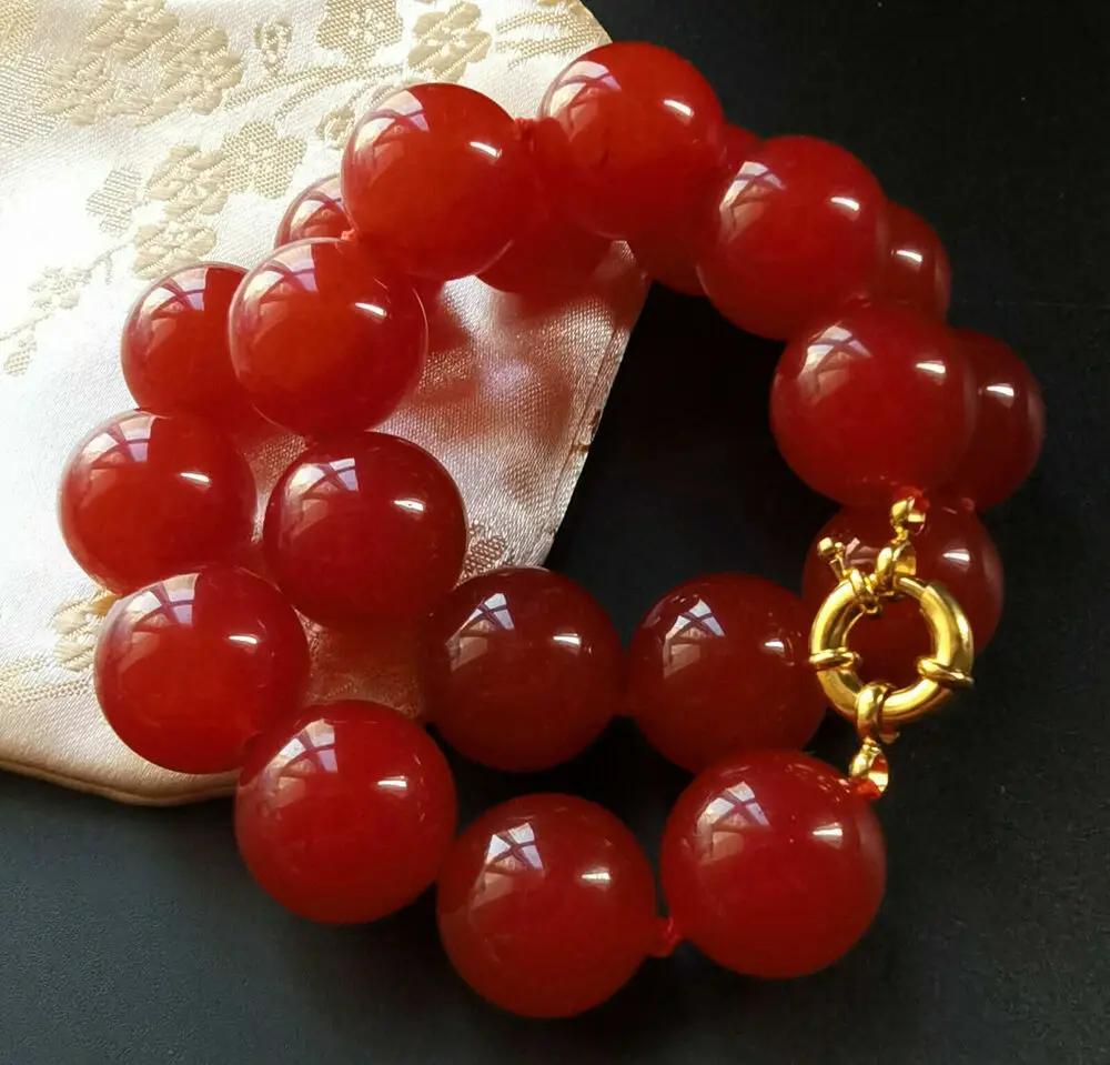 

Large Red Jade choker necklace,Round Smooth 14mm Beads Knotted 18"