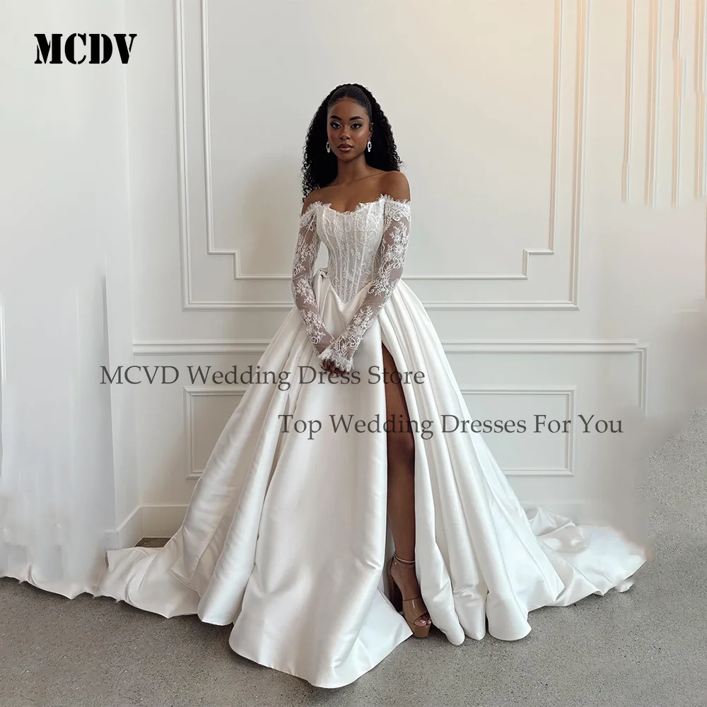

MCDV Elegant Wedding Dress for Woman Customized Sweetheart Full Sleeve A-Line Satin Slit A Line Backless Bride Gowns 2026