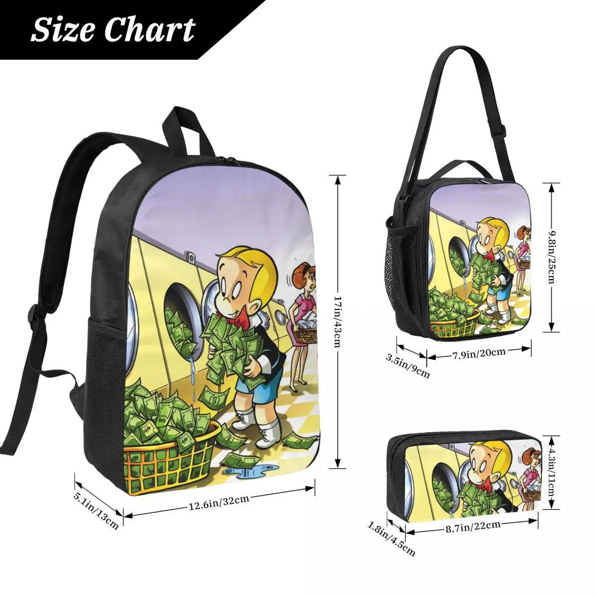 3Pcs Alec Monopolys Theme Backpack Set for Children Pencil Boxes Bookbag Sets with Lunch Box For  School Students Knapsack