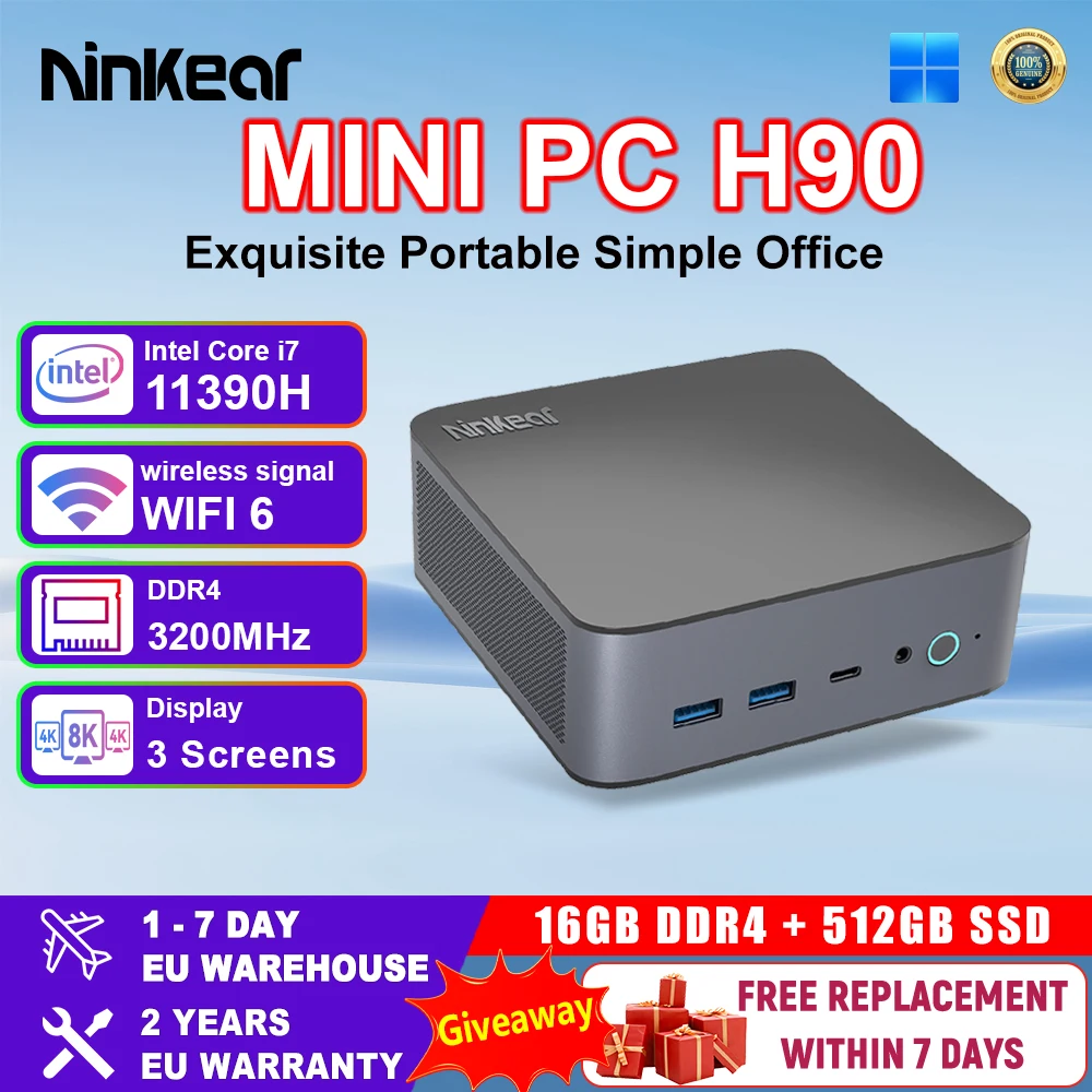 Ninkear H90 MINI PC Intel Core i7 11390H up to 5.0GHz 16GB DDR4 + 512GB SSD WiFi 6 BT5.0 Support 8K Three Screen Windows 11