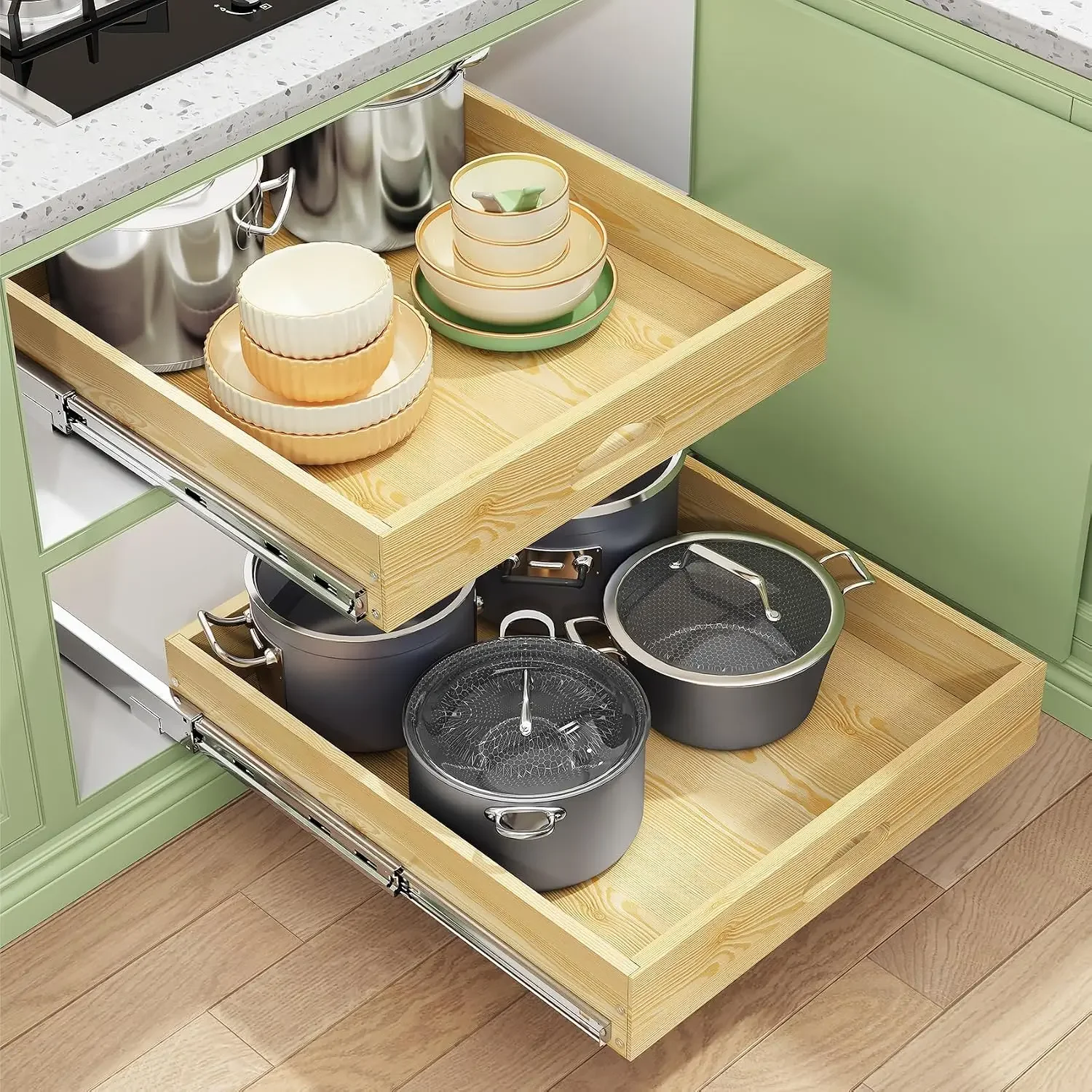 2Pack Pull Out Cabinet Organizer, Soft Close Wooden Slide Out Drawers for Pots, Full-extension Roll Out Shelves for Kitchen