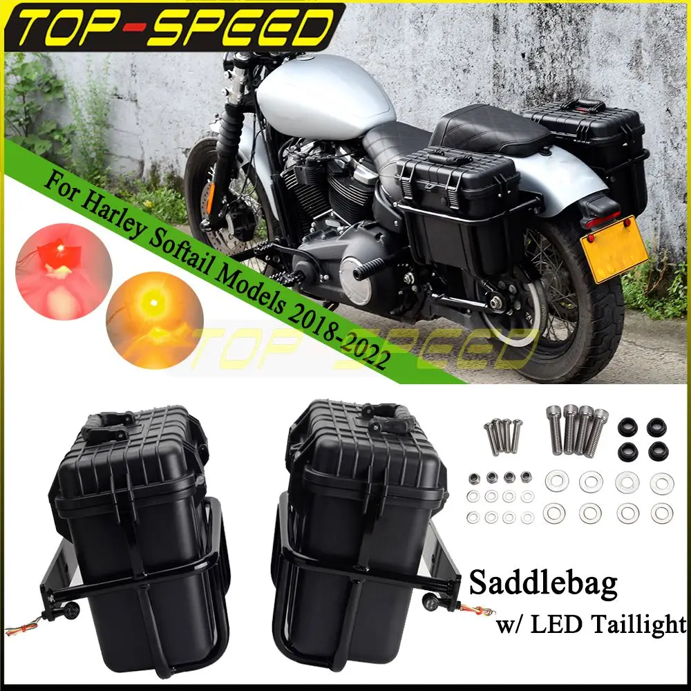 

For Harley Softail M8 Luggage Side Box Travel Bags Storage Cases W/ Brackets + LED Turn Signal Light FXBR FLDE FLFB FXBB 2018-Up