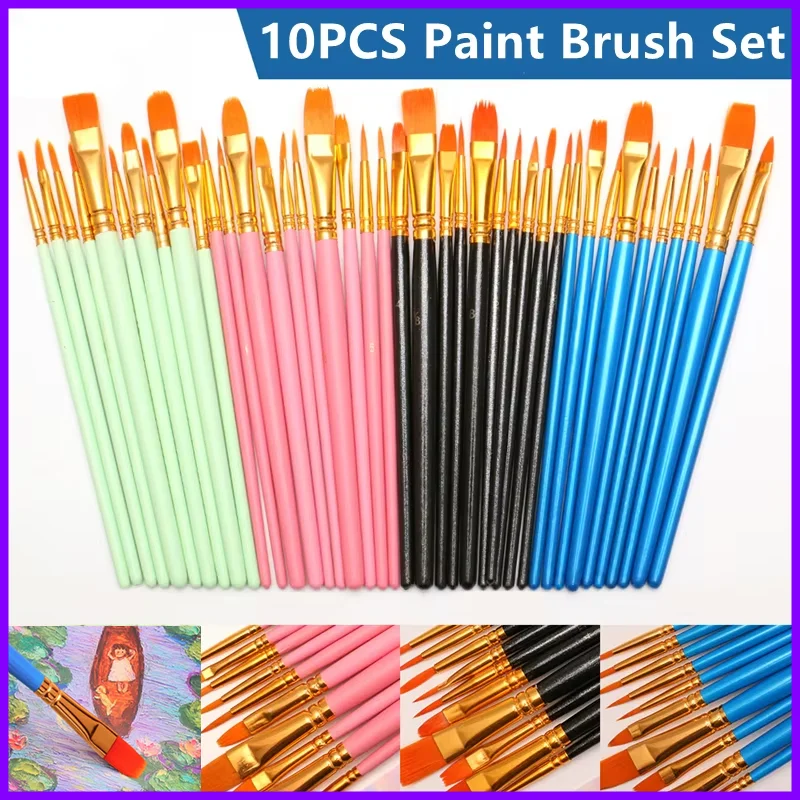 10Pcs Paint Brush Set Wooden Handle Multi-functional Watercolor Acrylic Painting Brushes Nylon Hair Hook Line Gouache Oil Brush