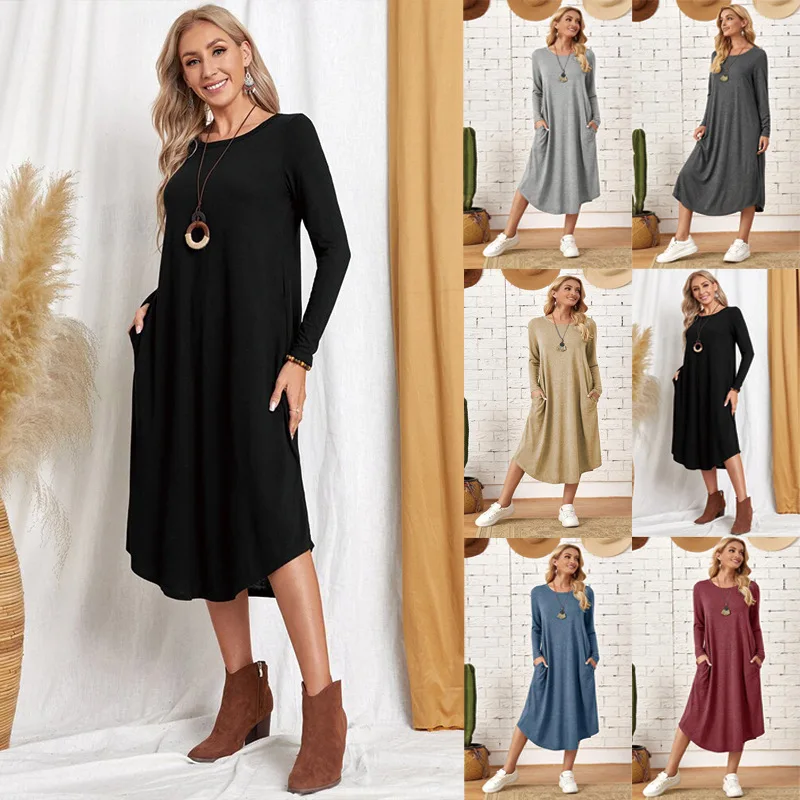 

Solid Color Knitted Side Seam Straight in Pocket Curved Hem Loose Dress Autumn Casual Long Sleeve Women Clothes