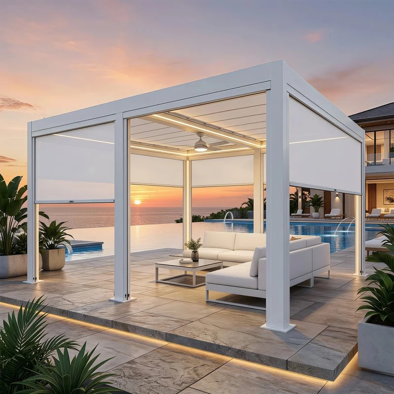 Coastal-Use-Resistant Aluminum Pergola Salt-Spray Resistant Frame LED Lights Louvre Design Beach Balconies