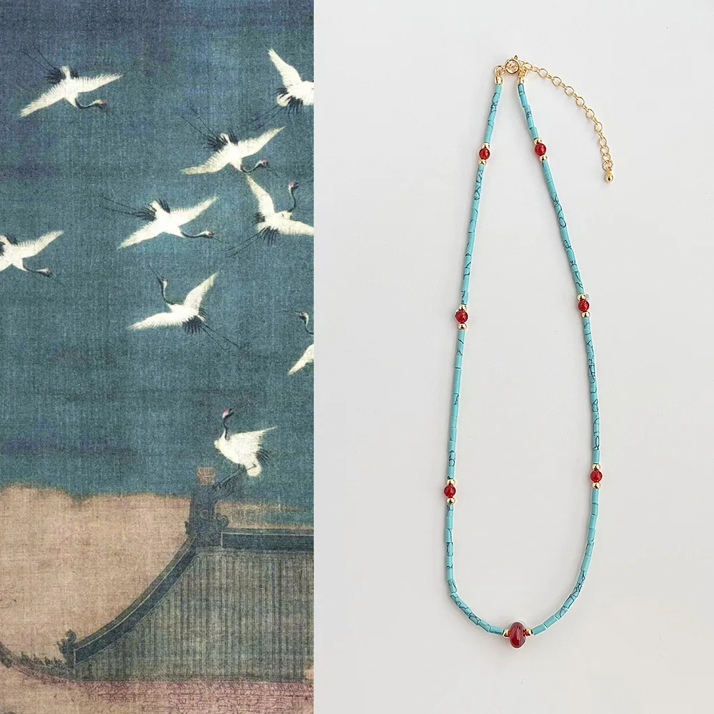 

Ручная работа, натуральный камень, синий, бирюзовый, красный агат, короткая цепочка-колье, ожерелье, женские винтажные украшения
