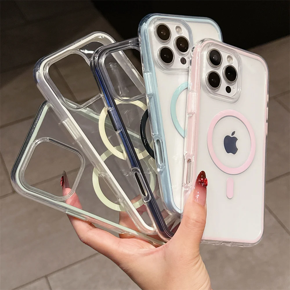 Luksusowe przezroczyste etui z miękkim kolorowym bumperem do iPhone'a 16 15 14 Plus 13 12 Pro Max 11 Odporne na wstrząsy magnetyczne etui z bezprzewodowym ładowaniem