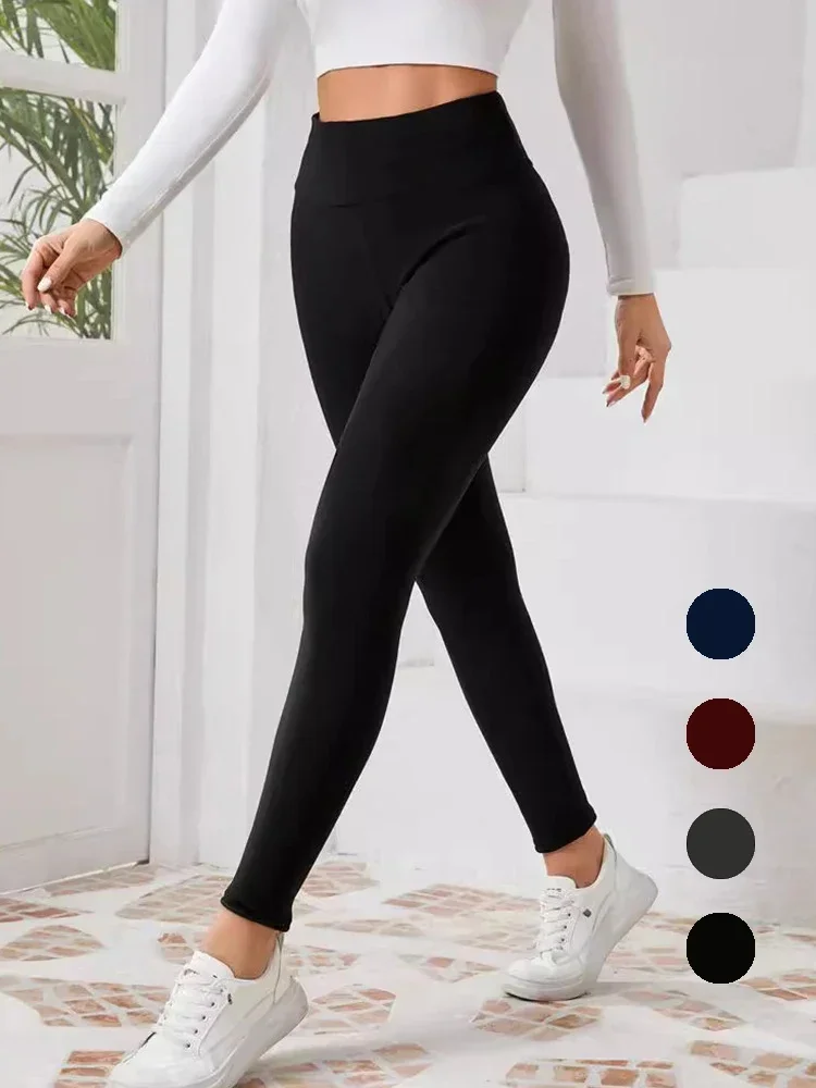 Leggings de cintura alta de Color sólido con forro polar para mujer, pantalones gruesos y cálidos elásticos con bolsillo térmico, pantalones negros para evitar el frío, Invierno