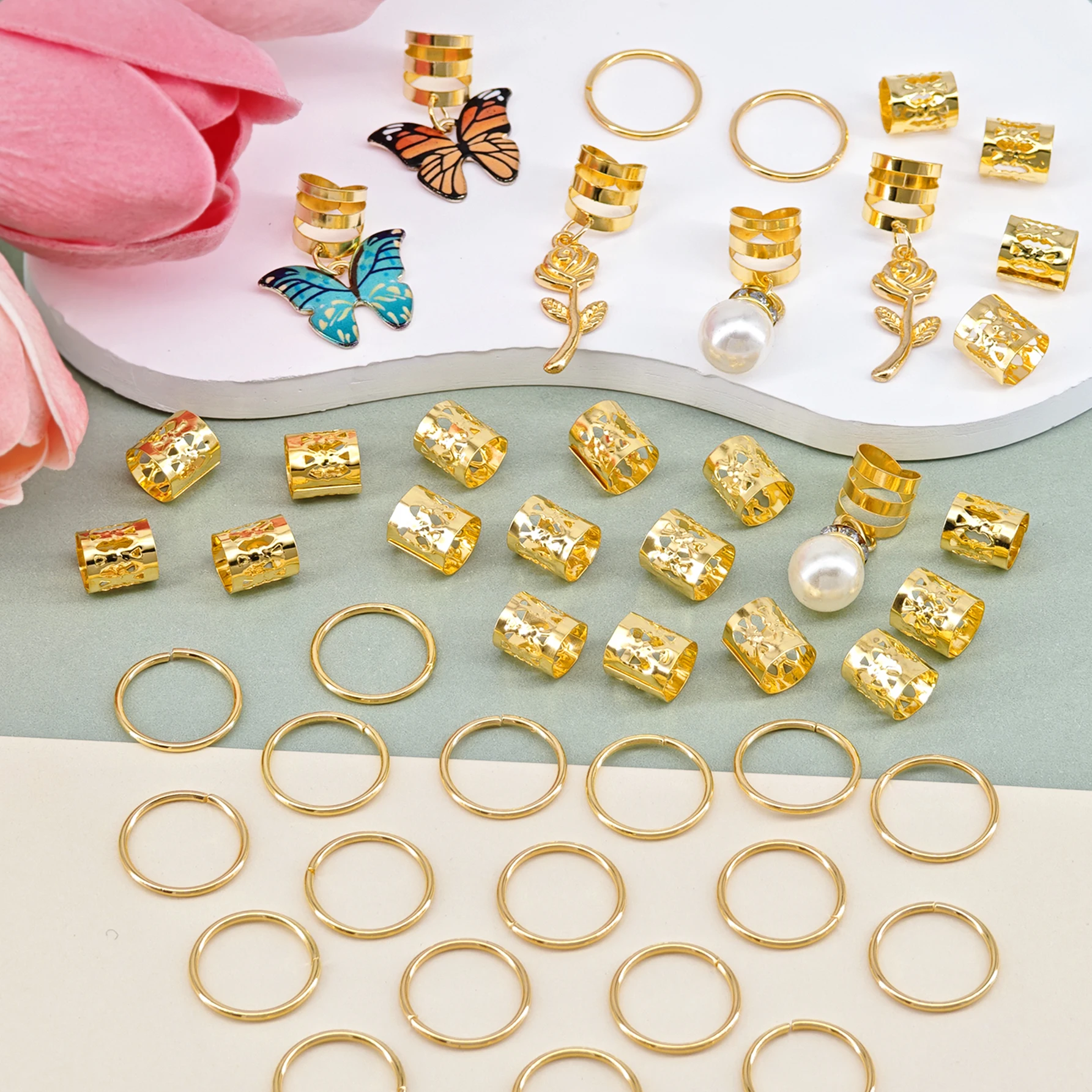 46 個ローズバタフライ三つ編みクリップクリスタルドレッドヘアアクセサリーカラフルな蝶ペンダントチャームパールヘアジュエリーギフト