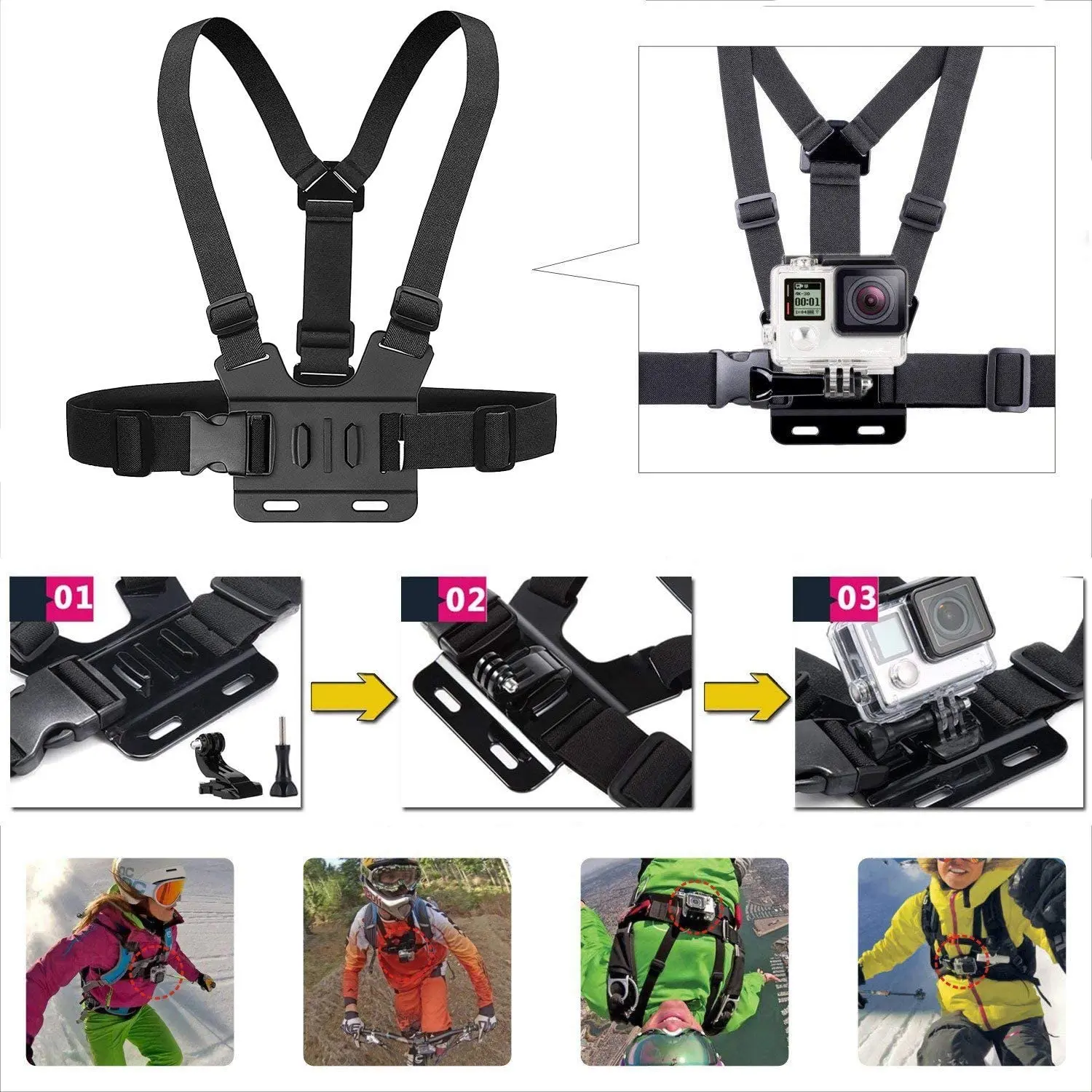 All-in-One 6pcs Action Camera Kit Head Strap Chest Strap Mount Adjustable for GoPro Phone Osmo Enhanced Stability Versatility