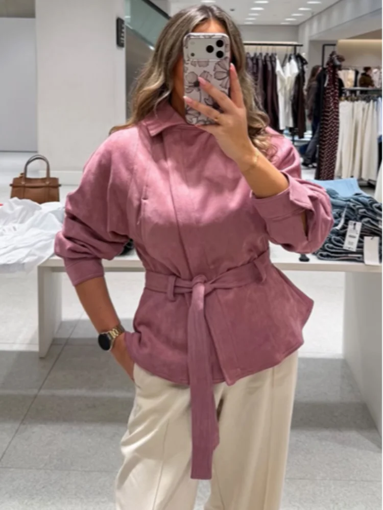 Elegant Suede Women's Jacket Skirts Suit Lapel Lace Up Long Sleeve Coats Split Skirt Lady Set 2026 Autumn Female Outfits New
