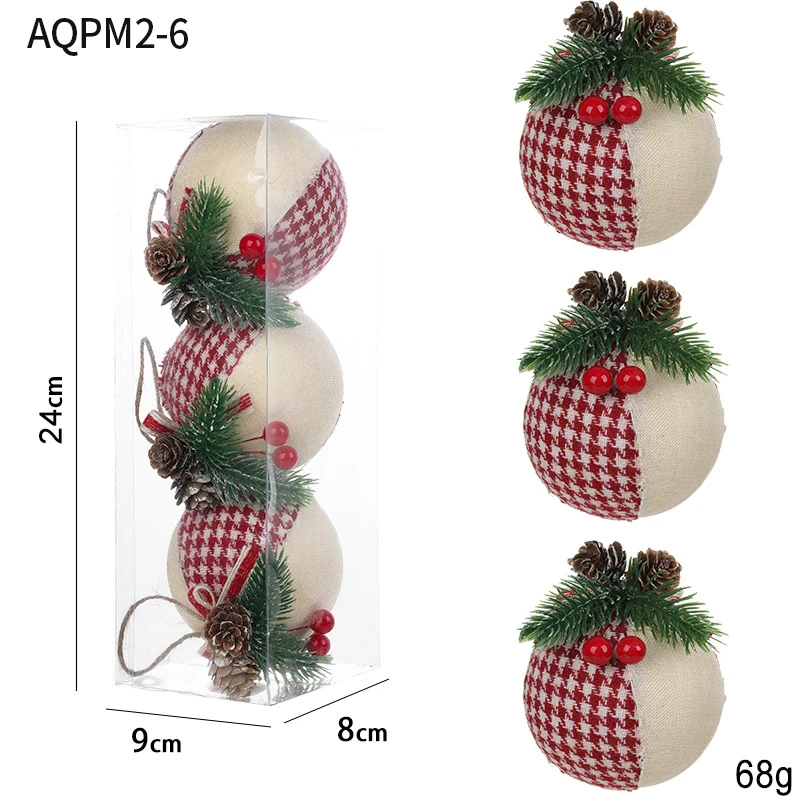 Set of 3 Festive Christmas Ornaments with Plaid Print Red Berries Pinecone and Foam Balls for Tree Decoration