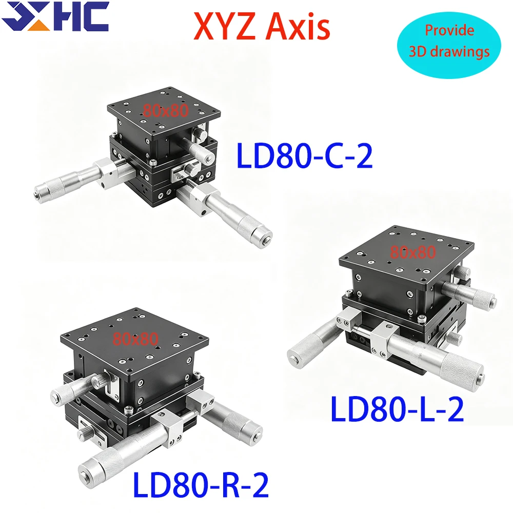 XYZ Axis 80x80mm LD80-C-2 LD80-L-2 LD80-R-2 Manual Displacement Platform Sliding Table High Precision  XYZ80 Double Guide Rail