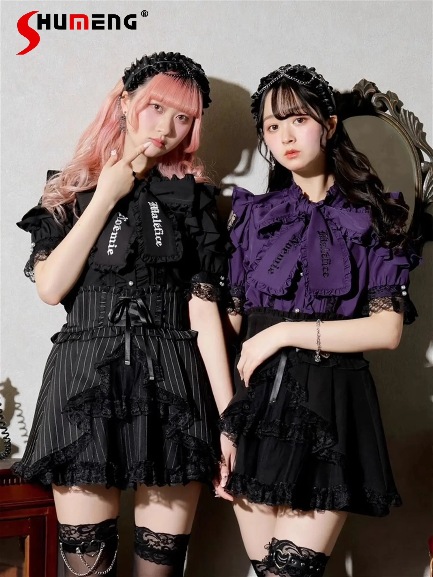 

Japanese Mines Style Gothic Embroidery Lace-up Bow Blouse Lace Stitching Off-shoulder Short Sleeve Sweet Cute Shirts Tops Women