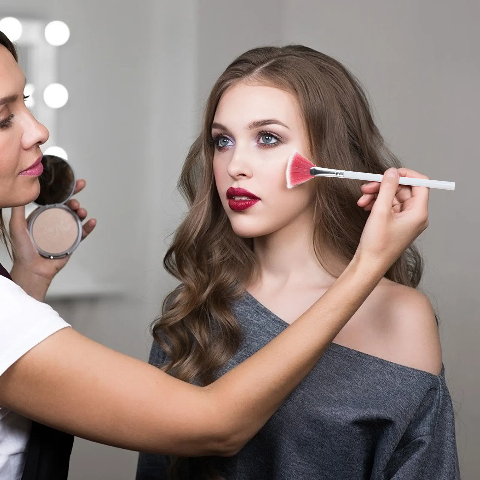 3 pennelli per trucco a forma di ventaglio, nylon premium, alluminio, legno, miscela, evidenziatore in polvere, fard, kit di strumenti per trucco