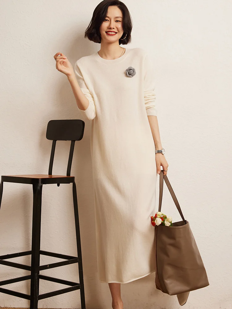 

Women's Sweater Straight Dress 100% Cashmere Dress Autumn Winter Sweater Pullover Long Sleeve Lounge O-Neck Warm Knit Maxi Skirt