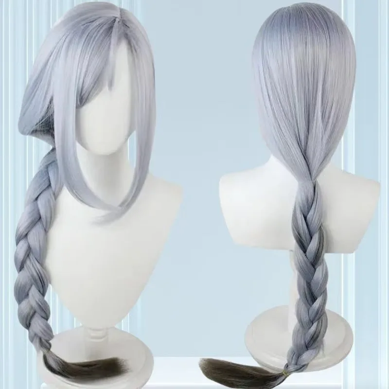 

Цельный серовато-черный постепенный толстый парик Fried Dough Twists с одной косой, прямые волосы Genshin Impact, игровой парик в стиле Shenhe