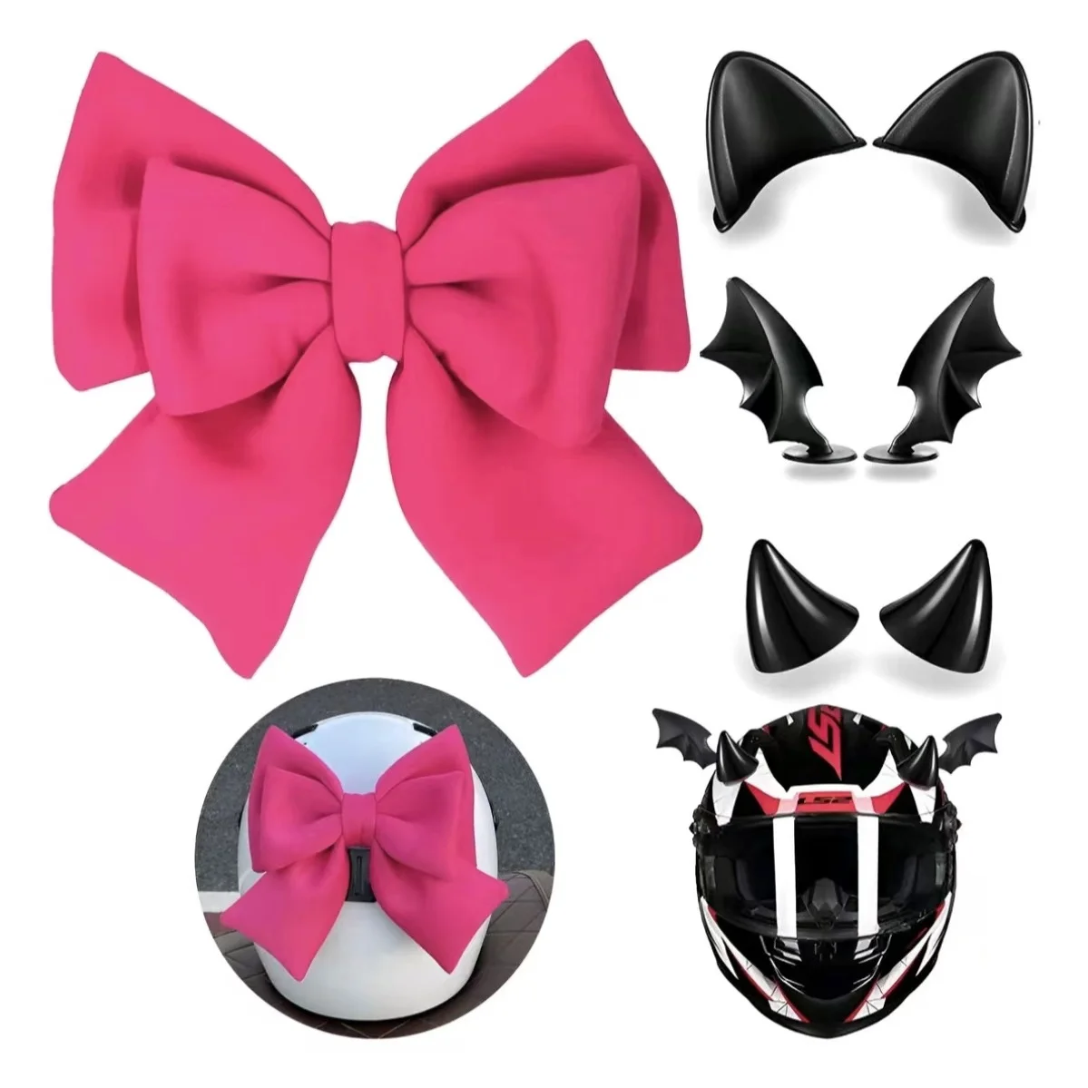 

Набор очаровательных аксессуаров для шлема, включающий украшение в виде банта и съемные наклейки в виде дьявольских рожков, идеально подходит для подарка.