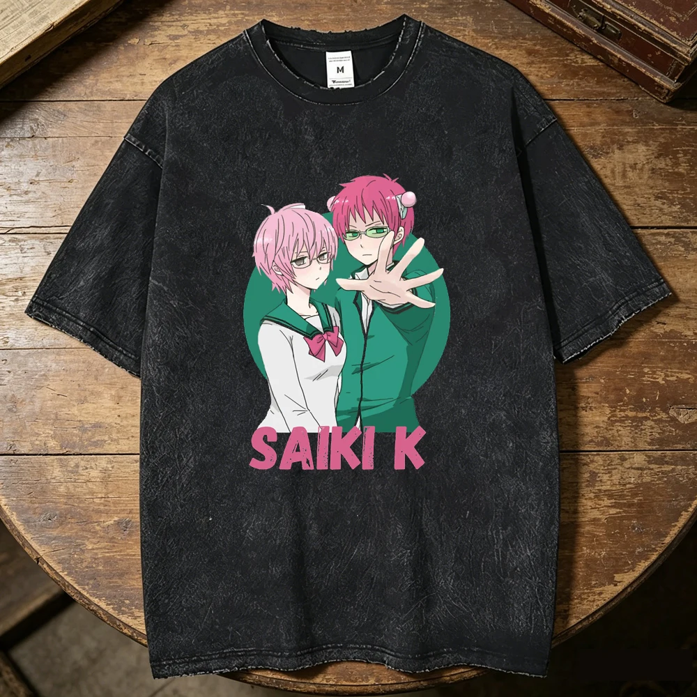 Saiki k cotton Vintage Washed teen aesthetic Pastel hip hop anime streetwear Comfortable top tees Colorful Vintage hip hop Y2k