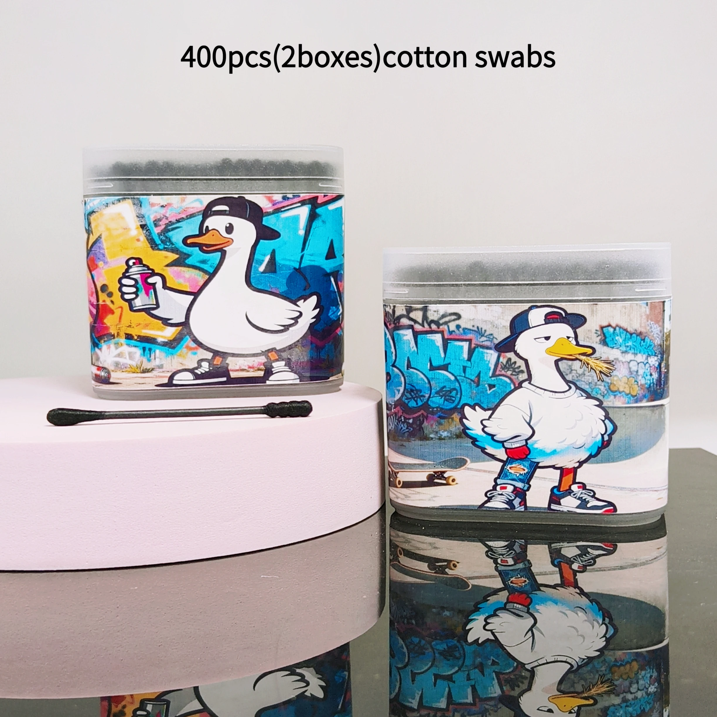 400개(2박스) 그래피티 스타일 거위 무늬 라이프 코튼볼 블랙 박스형 양면 면봉