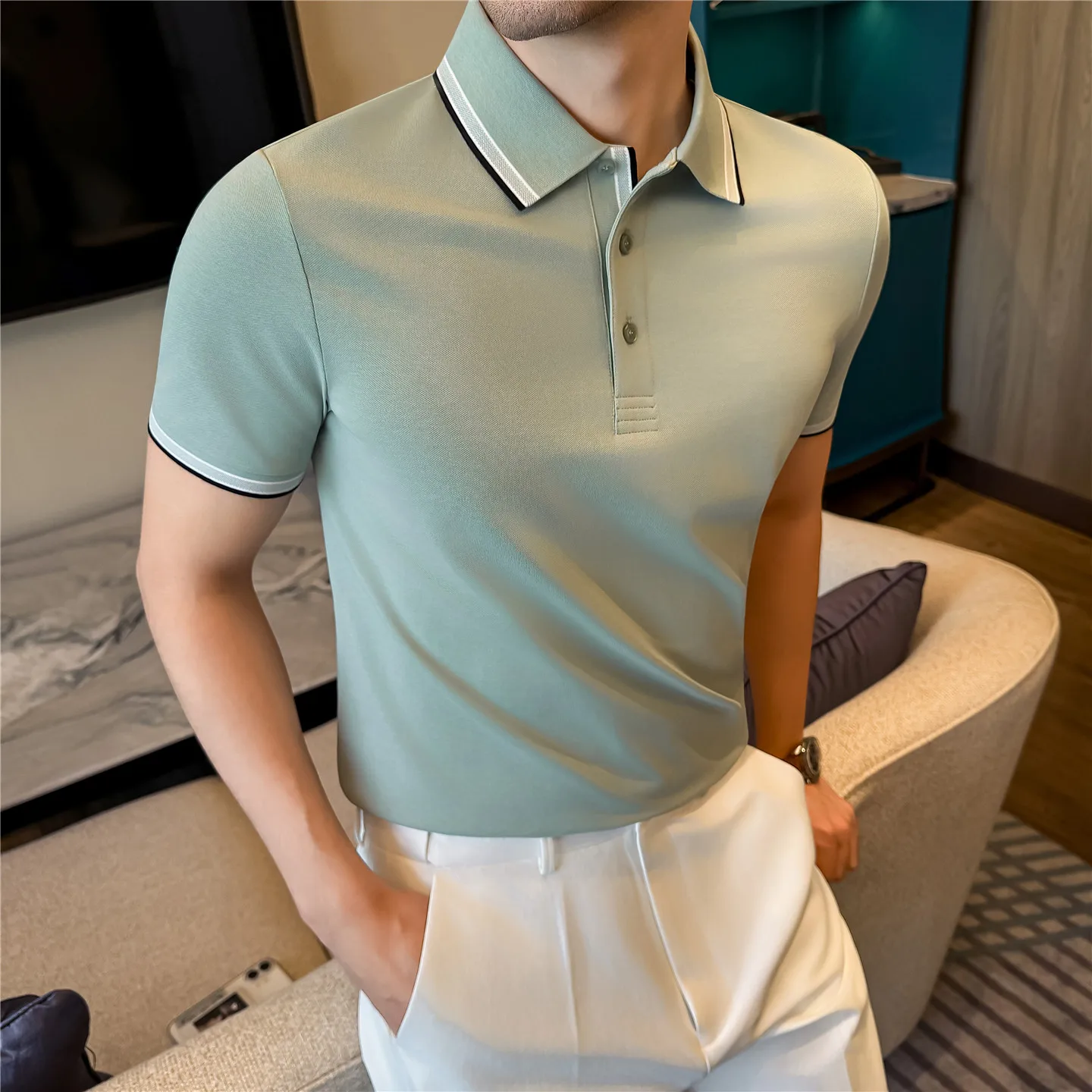 Summer Fashion Men's Stripe Collar Polos Shirts High Qualitys A7 Antibacterial Short Sleeve Slim Fit Tee Shirt Top Men Clothing