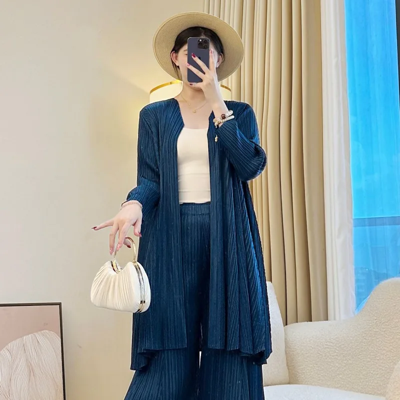 

Miyake Pleated Women Long Sleeve Trench Coat New Simple Loose Large Size Fall Jacket Commuter Office Cardigan Medium Long Jacket