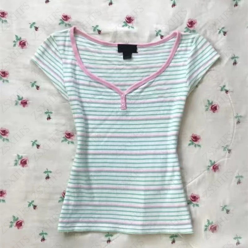 Sweet Green Stripe  2000s Clothes Women Casual Streetwear spiy Girl T shirts Short sleeve korean Fashion Cuteore Y2k Bady Tees