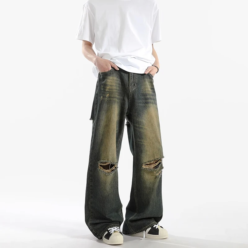 WTHT Vintage 2025 Estate da uomo Gradient Hole Do Old Design Pantaloni in denim Moda stile americano Jeans dritti larghi Maschio 2A1136