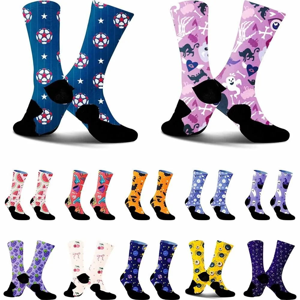 

2025 креативные спортивные велосипедные носки с рисунком черного кота и фиолетового призрачного черепа на Хэллоуин, модные, инновационные, впитывающие пот, унисекс