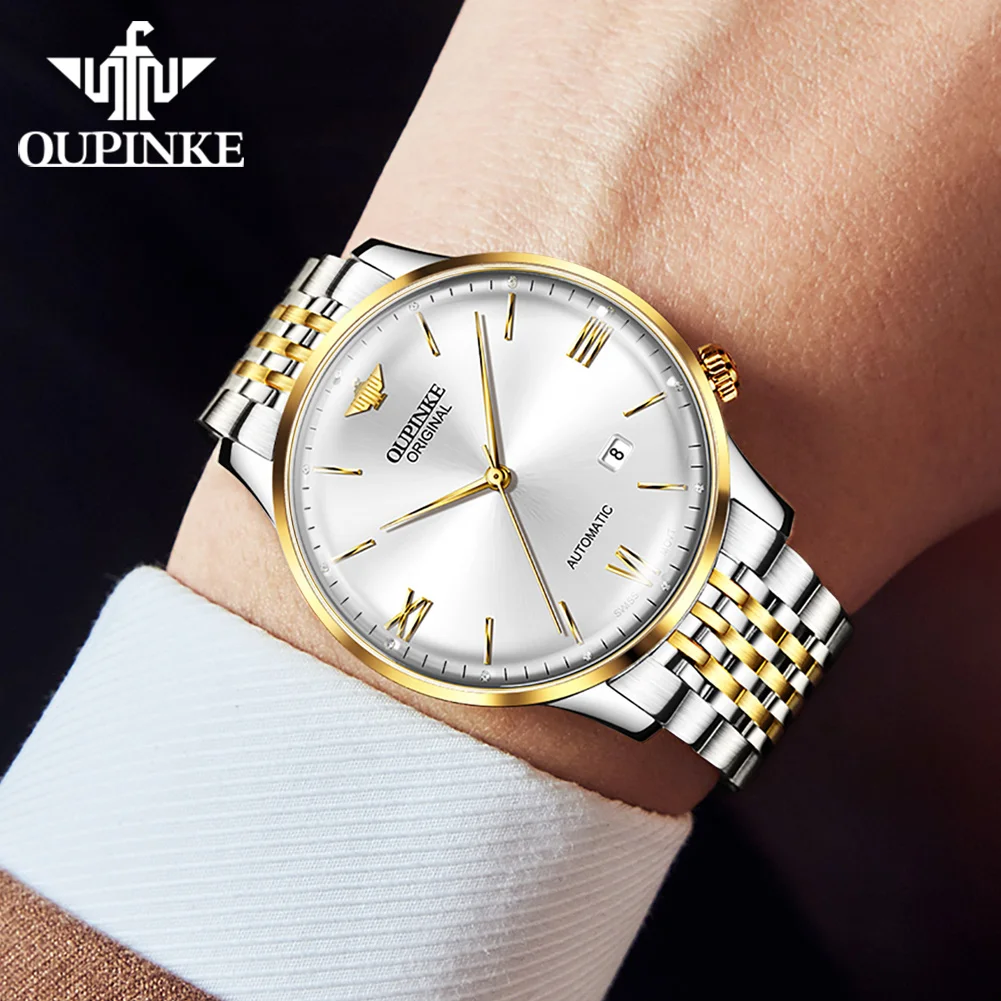 OUPINKE Ultra Thin Automatic Mechanical Watch for Men Original Swiss Movement Luxury Sapphire Mirror Waterproof Man Wristwatches