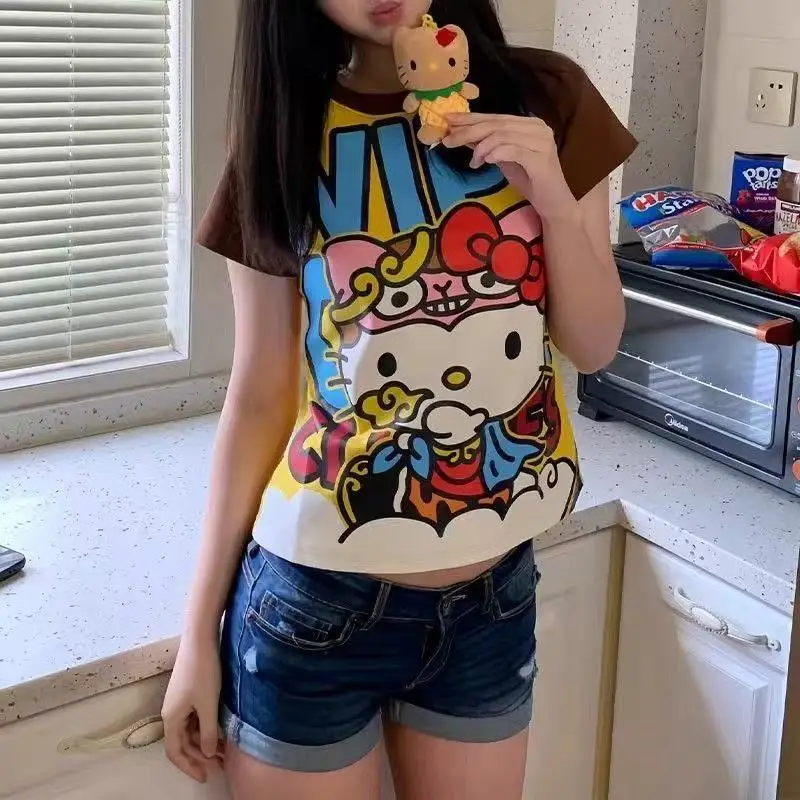 

Hello Kitty New Anime Fashion Short Tops Y2K Summer Sanrio Cute Tees Cartoon Printed High Street Gothic Short Sleeve T-Shirts