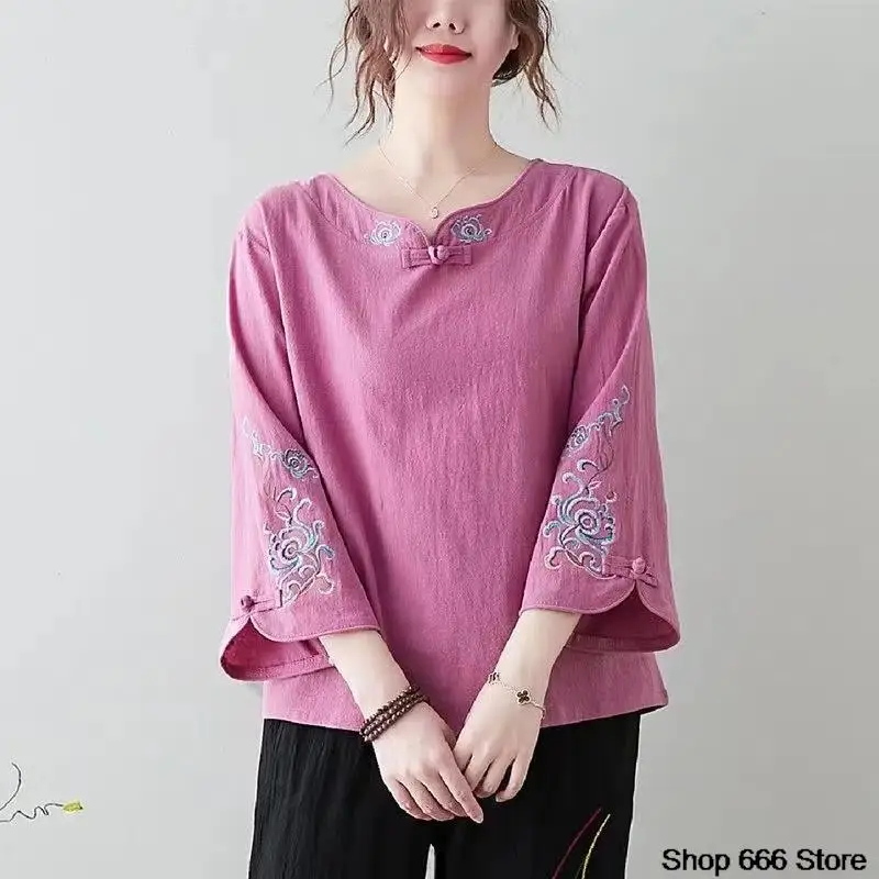 Spring and summer Chinese Style New Button Cotton T-shirt Plain Color Literary and Artistic Retro Ethnic Style Embroidered Hanfu