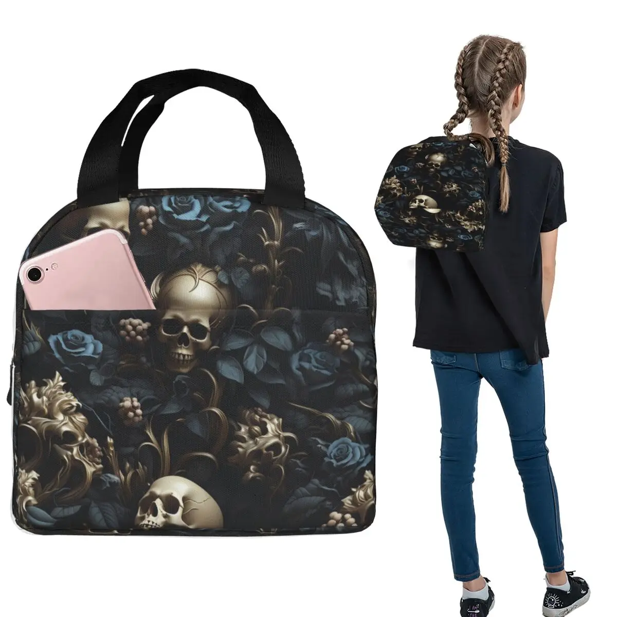 Horror Gothic Skeleton Death Skull Insulated Lunch Bag for Women Children Leakproof Food Boxes Thermal Lunch Box Tote