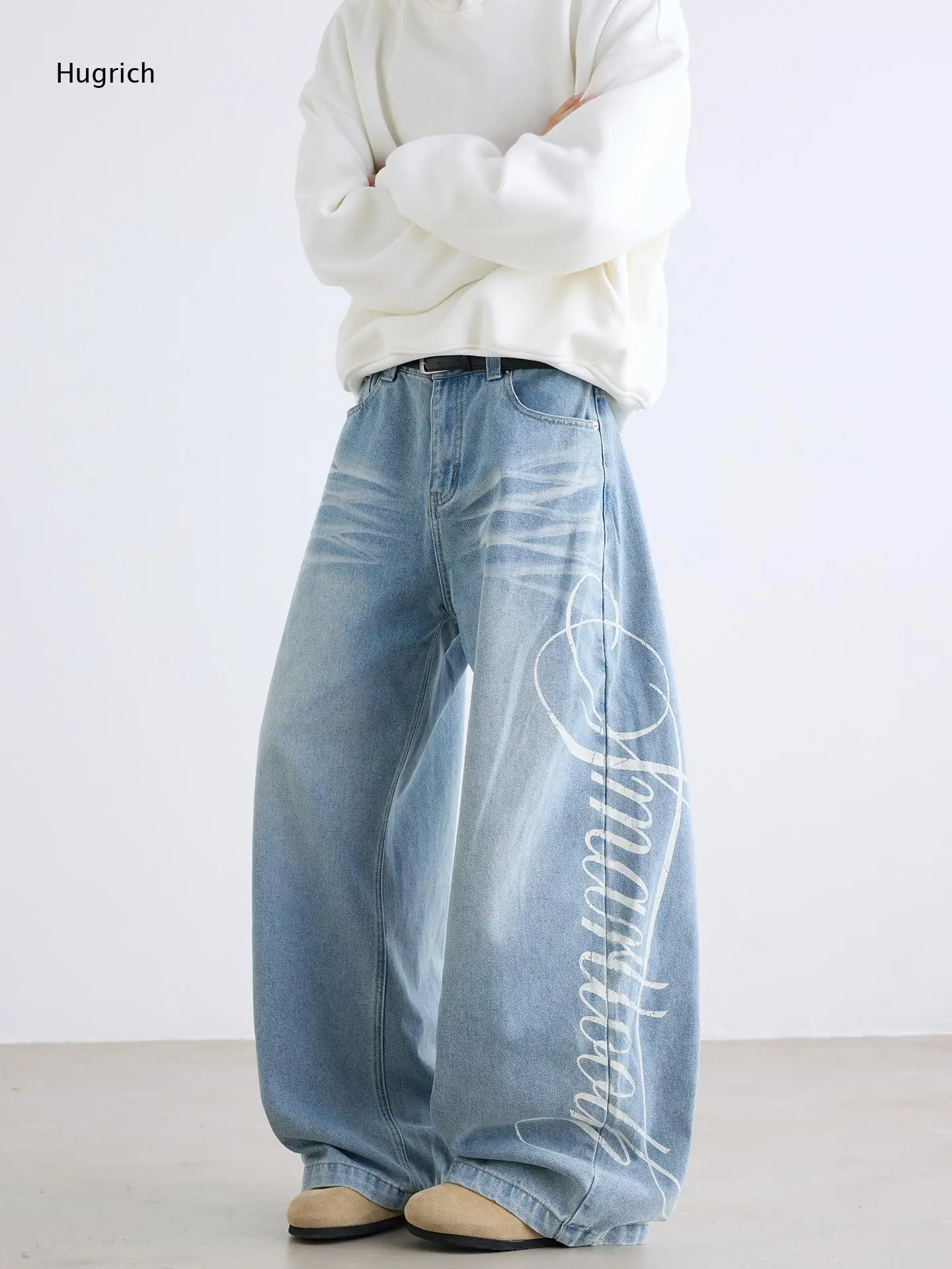Faded Whisker Oversized Floor Length Side Script Print Loose Daily Harajuku Casual Wide Denim Pants