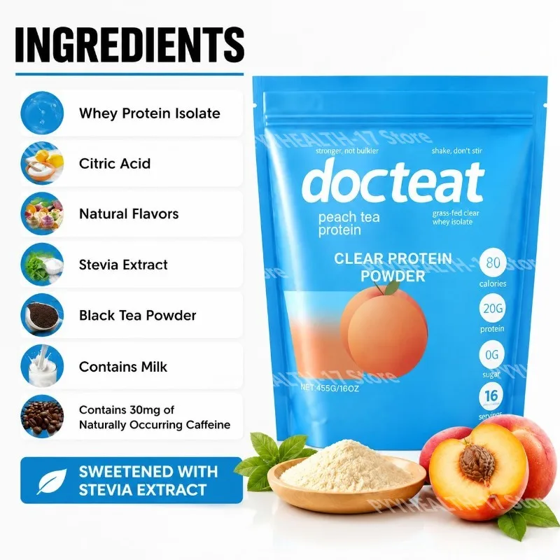 Whey Protein Isolate Powder, Peach Flavor, Supports Muscle Recovery 20g Protein 0g Sugar 80 Calories Stevia for Men Women 455 G