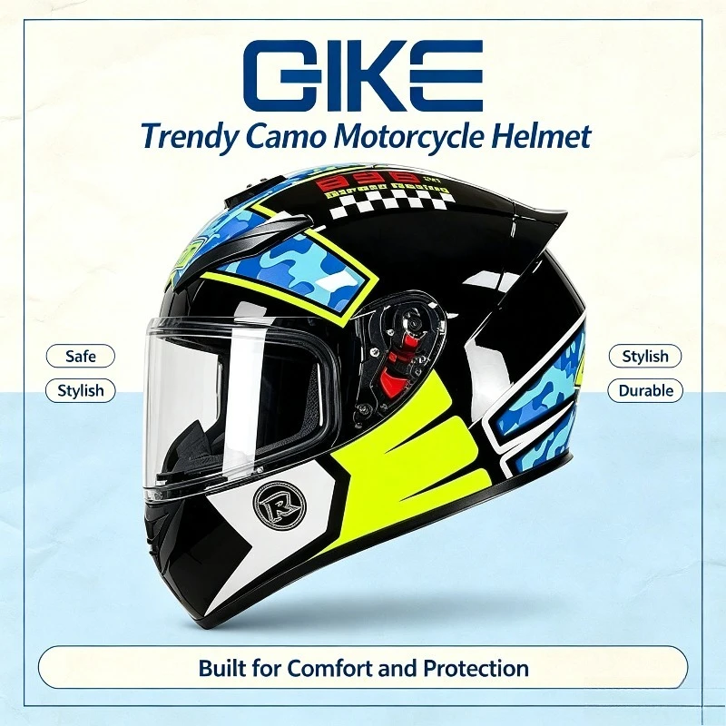 QIKE Dual Visor Anti-UV Four-season Universal Premium Camouflage Star Stylish Vehicle Safety Full-face Motorcycle Riding Helmet