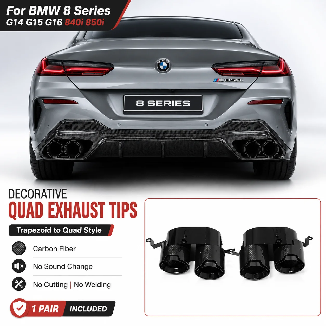 Carbon Fiber Quad Exhaust Tips for BMW 8 Series G14 G15 G16 840i 850i Coupe Gran Coupe Trapezoid to Round 4-Out Muffler Pipe