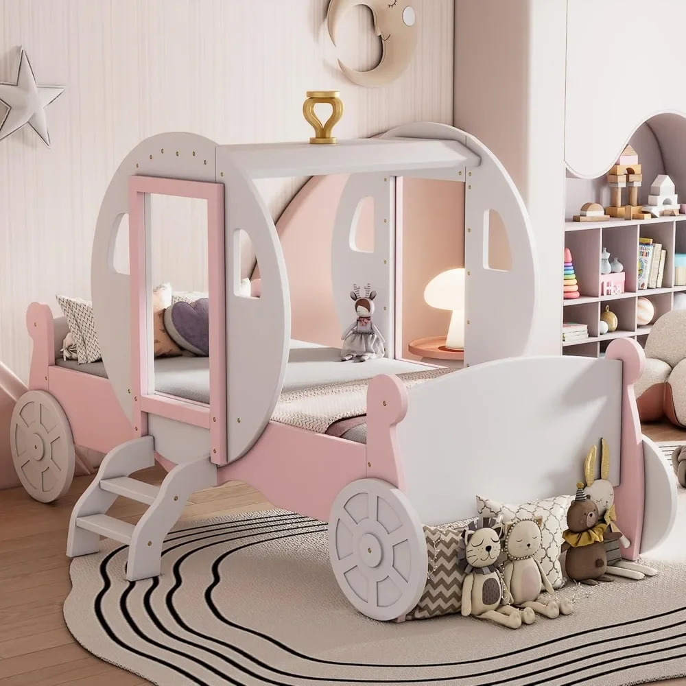 Estrutura de cama de transporte de princesa de tamanho duplo para meninos meninas crianças pequenas com coroa, cama de carro de plataforma de madeira com escada móveis infantis