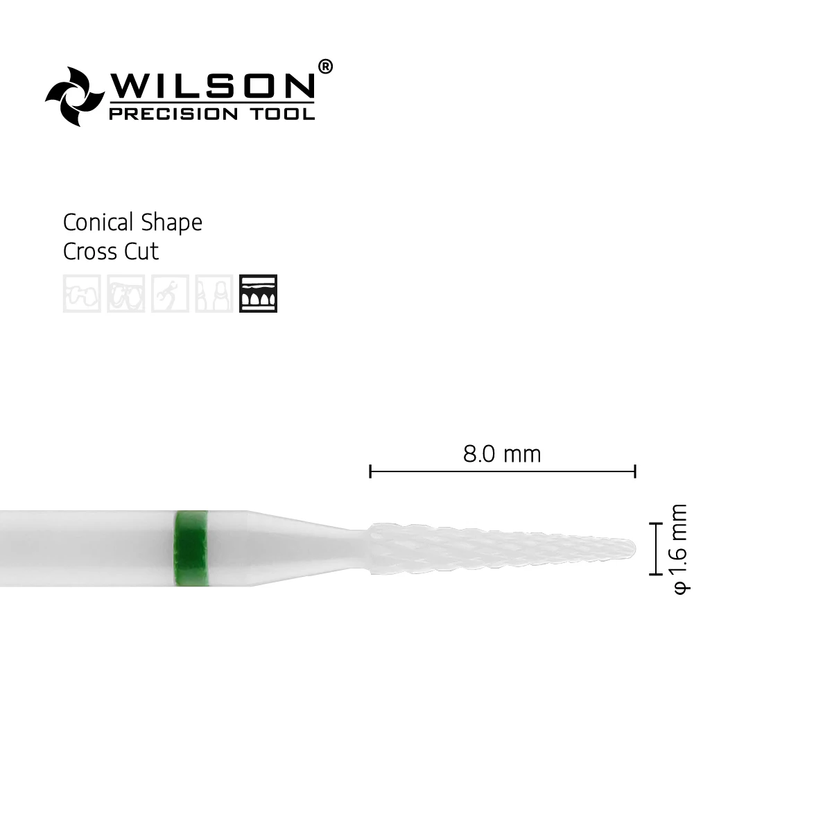 WilsonDental Burs Small Conical Shape - 1.6mm - Cross Cut - White Solid Zirconia Ceramic Dental Lab Burs