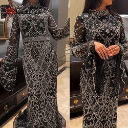 Elegant Beaded Dubai Muslim Evening Dress with Flare Long Sleeves 2024 High Neck Arabic Formal Prom Wedding Party Gown Customizd