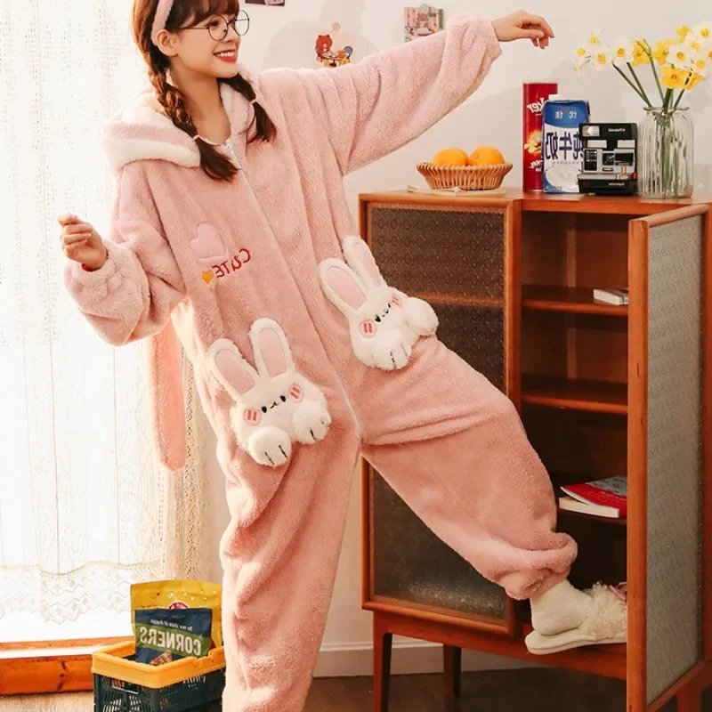 Coral Velvet Onesies Women Cute Rabbit Preppy Cartoon Hooded Kawaii Thicker Keep Warm Cotton Pajamas Homewear Sweet Girl New