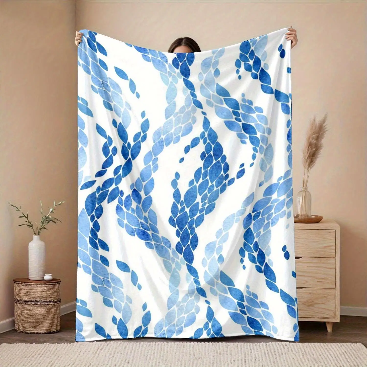 

1pc blue and white modern leaf pattern blanket, polyester fabric, machine washable, suitable for bedroom living room decoration