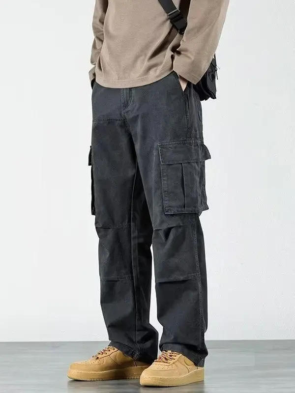 

Waed Cotton Work Trousers Men's Loose Wide Leg Straight Cut Casual Pants Multiple kets Street Sle Spring Autumn