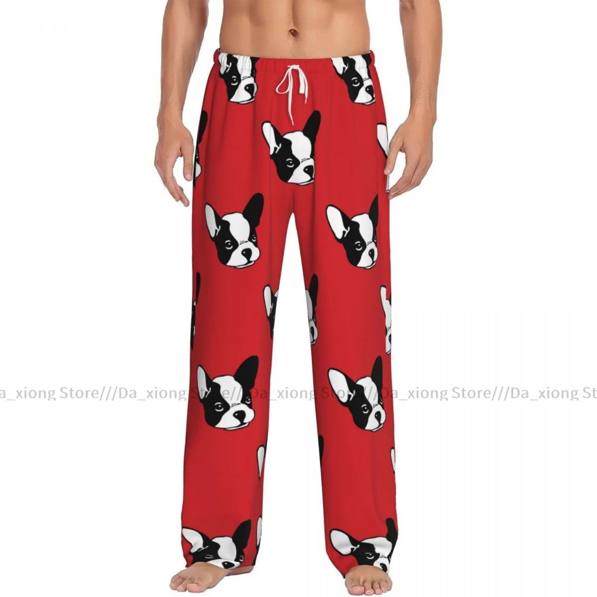 Mens Casual Pajama Long Pant Loose Elastic Waistband Cartoon French Bulldog Cozy Sleepwear Home Lounge Pants