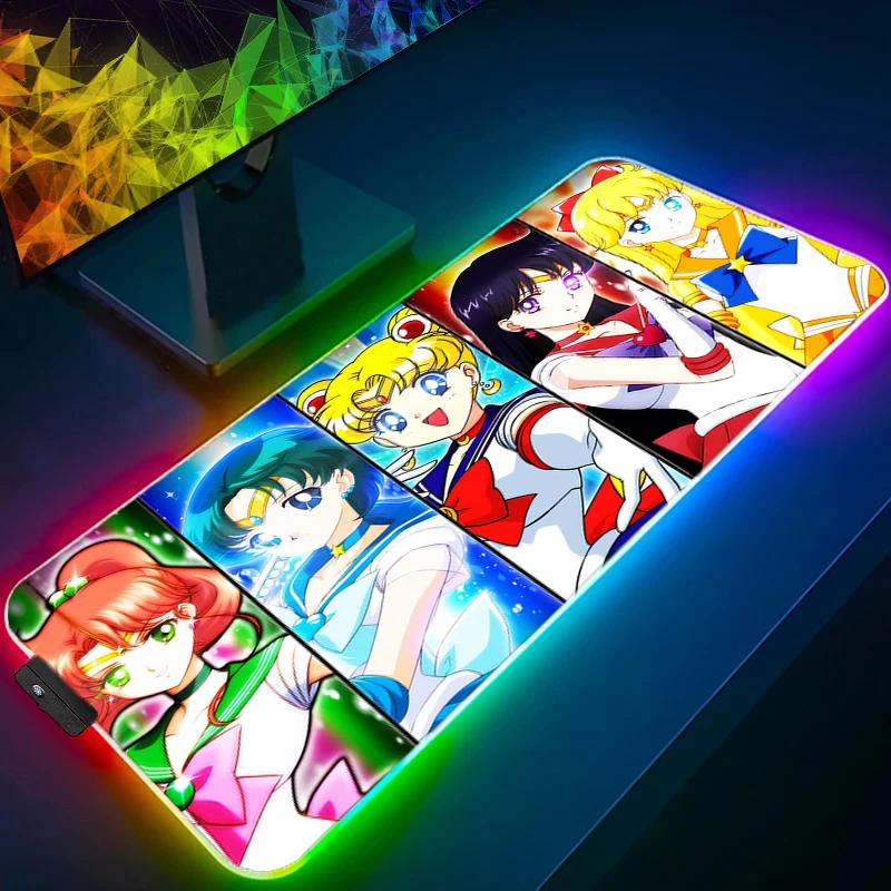 

LED Light Mousepad RGB Anime Girl Keyboard Pad Cover Kawaii Desk Mat Surface S-sailor M-moon Mouse Pad Multi size Computer Gamer
