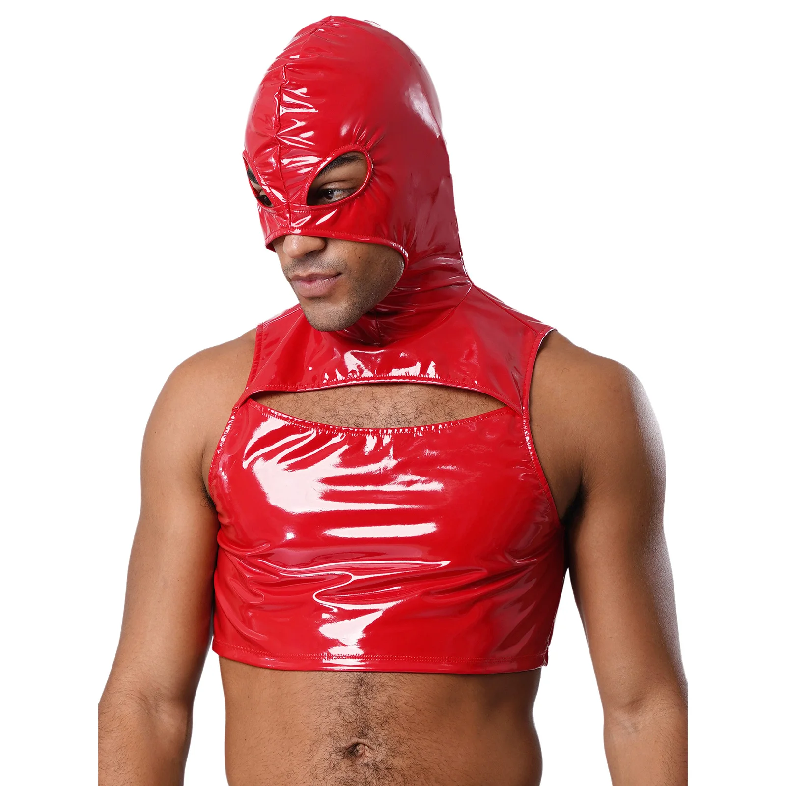 Men Patent Leather Mask Hooded Crop Top Raves Party Clubwear Wet Look Back Zipper Cutout Vest Tops for Nightclub Pole Dancing