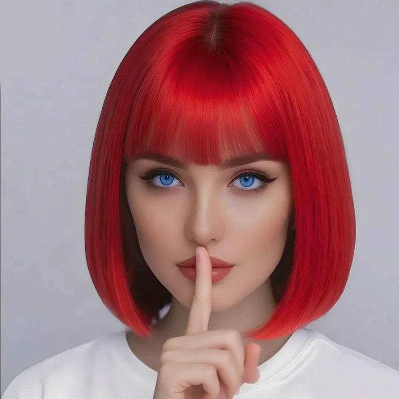 Women's 12 Inch Red Synthetic Wig with Bangs