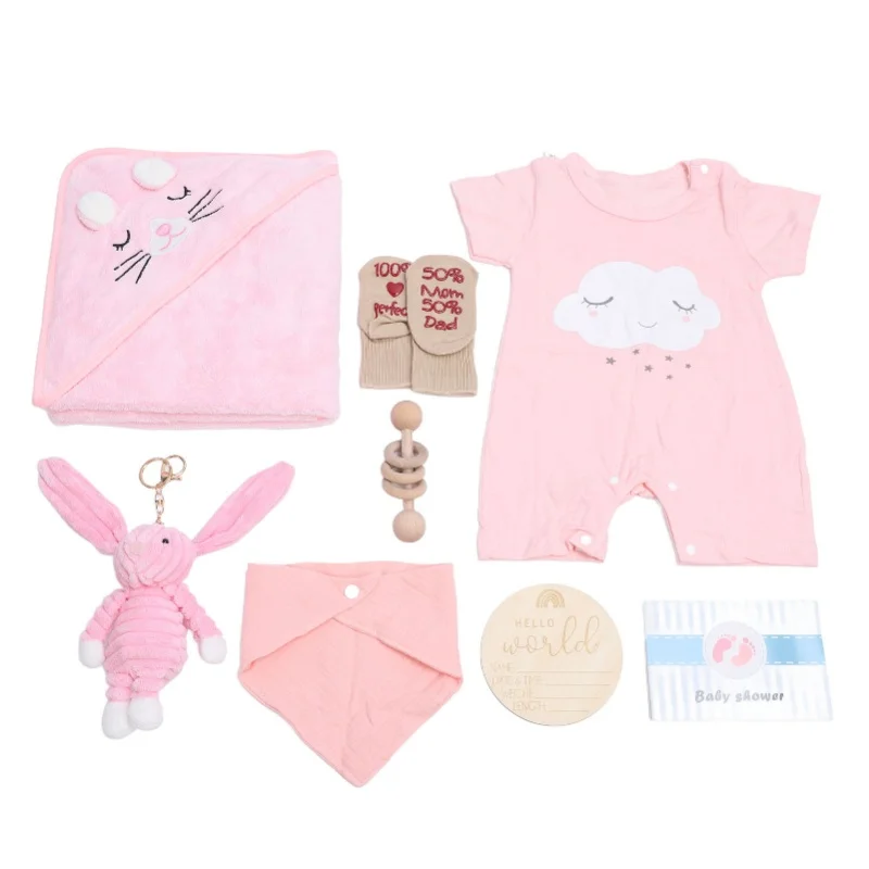 Baby Shower Gifts Basket Including Clothes Cute Doll Wooden Rattle Toy Funny Bibs Socks Greeting Card Newborn Baby Gifts Set
