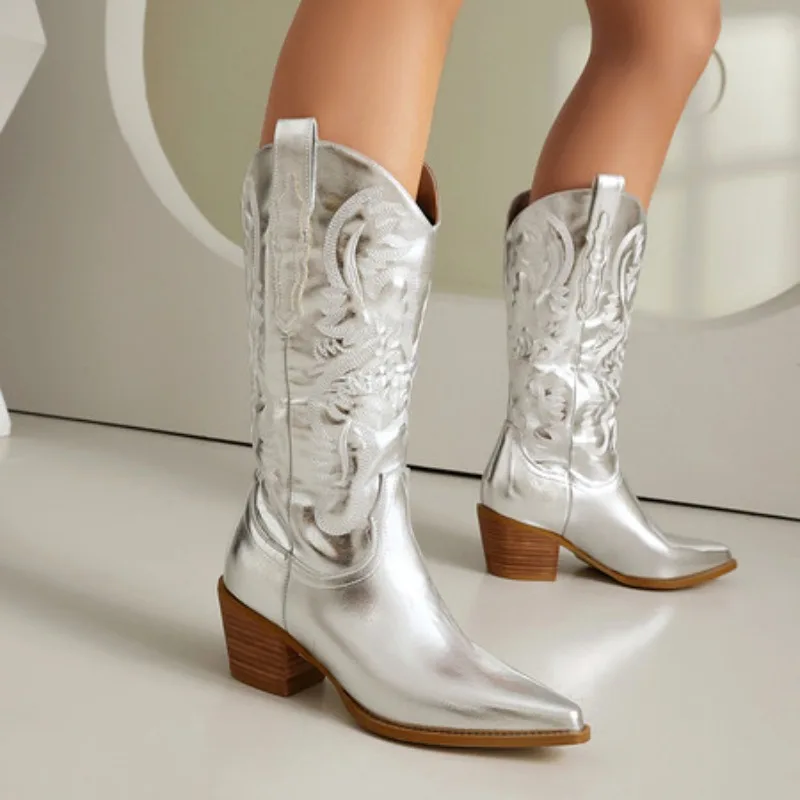 

Women Pointed Autumn and Winter Fashion Square Heel Middle Tube Western Cowboy Knight Dress Party Workwear Walking Boots 2025